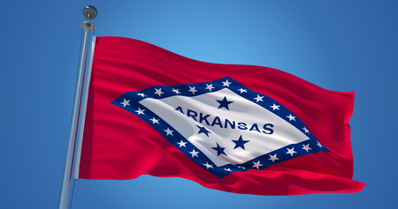 Fluttering silk flag of Arkansas state, United States of America on clear blue sky background. Arkansas flag in the wind, colorful background. 3d illustrationの写真素材
