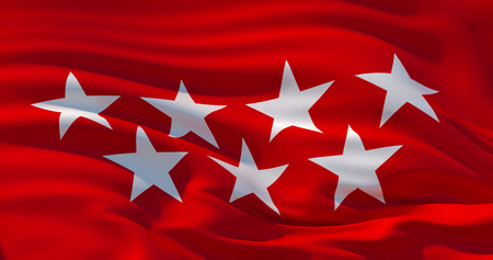 Fluttering silk flag of Madrid community, Spain. Madrid community flag in the wind, colorful background. 3d illustrationの写真素材