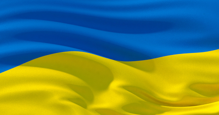 Fluttering silk flag of Ukraine in the wind, colorful background. 3d illustration. 4K High quality renderの写真素材