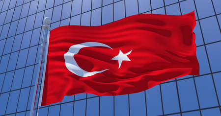 Turkey flag on skyscraper building background. Asia, Business concept. 3d illustrationの写真素材