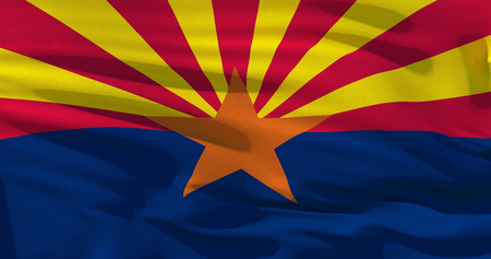 Arizona flag on silk texture, United States of America. 3d illustrationの写真素材
