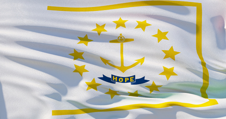 Rhode Island flag on silk texture, United States of America. High detailed 3d illustrationの写真素材