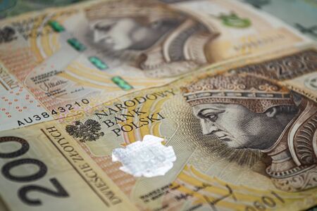 Polish zloty banknotes background. Two hundred zloty banknotes. Narodowy Bank Polskiの写真素材