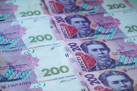 Ukrainian hryvnia. Two hundred hryvnia background. Closeupの写真素材