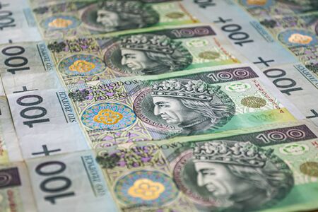 Polish currency background. One hundred zloty banknotes. Closeupの写真素材