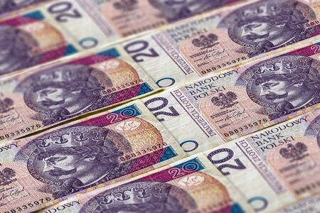 Closeup Polish zloty banknotes background. PLNpattern. 20 zloty, Poland. Boleslaw Chrobryの写真素材