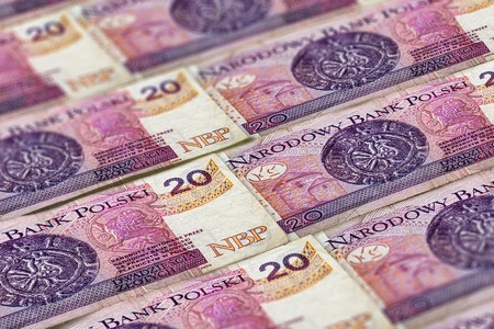 Closeup Polish zloty banknotes background. PLNpattern. 20 zloty, Poland. Boleslaw Chrobryの写真素材