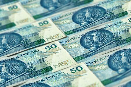 Closeup Polish zloty banknotes background. PLNpattern. 50 zloty, Poland. Kazimierz Wielky