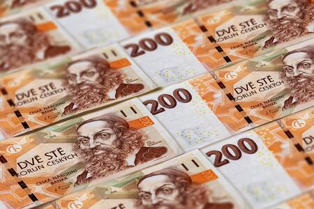 Czech Koruna banknoted background. Money of Czech Republic. 200 CZKの写真素材