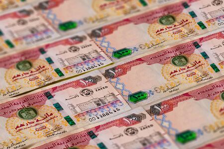 United Arab Emirates Dirham banknotes background. UAE Dirhams pattern. 100 dirhamss, Zayedの写真素材