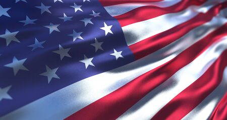 Silk flag of United States of America. Old Glory in the wind, colorful backgroundの写真素材