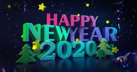 2020 New Year night colorful background. Greeting cards. Shining 3d illustration. Glowing stars with bright happy new year wishes. Christmas snowflakes. 4K qualityの写真素材