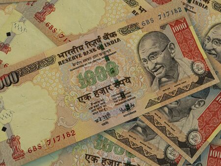 INR. Indian currency. Money of India business background.  Indian Rupees closeup photo, blurred back.の写真素材