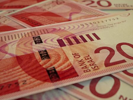 ILS. Israeli new shekels. Money of Israel..Business background. Closeup photo.の写真素材