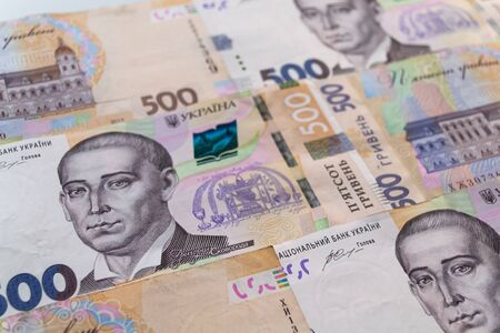 Money of Ukraine. Several Ukrainian hryvnia banknotes. UAH. Hryvnia 500の写真素材