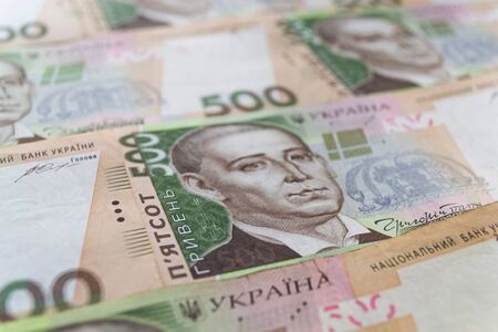 Money of Ukraine. Several Ukrainian hryvnia banknotes. UAH. Hryvnia 500