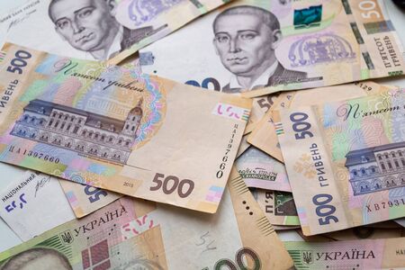 Money of Ukraine. Several Ukrainian hryvnia banknotes. UAH. Hryvnia 500の写真素材