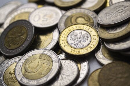 PLN. Polish zloty coins. Macro photo. Monetaryの写真素材
