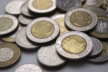 PLN. Polish zloty coins. Macro photo. Monetaryの写真素材