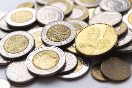 PLN. Polish zloty coins. Macro photo. Monetaryの写真素材