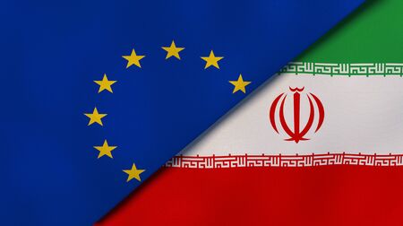 European Union Iran national flags. News, reportage, business background. 3D illustration.の写真素材