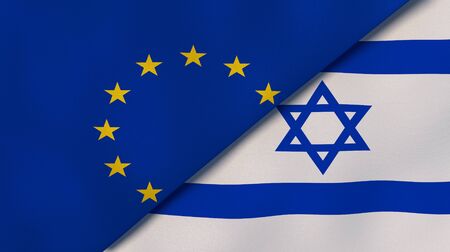 European Union Israel national flags. News, reportage, business background. 3D illustration.の写真素材