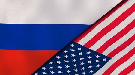 Russia United States national flags. News, reportage, business background. 3D illustration.の写真素材