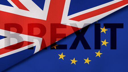 Brexit. EU and UK flags, breaking news background. High quality 3d illustrationの写真素材