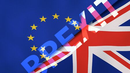 Brexit. EU and UK flags, breaking news background. High quality 3d illustrationの写真素材