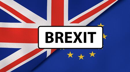 Brexit. EU and UK flags, breaking news background. High quality 3d illustrationの写真素材