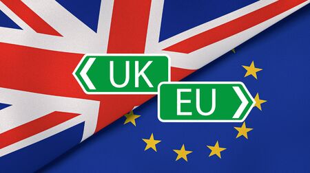 Brexit. EU and UK flags, breaking news background. High quality 3d illustrationの写真素材