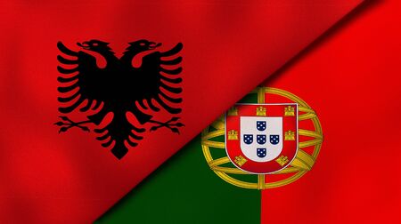 Two states flags of Albania and PortugalHigh quality business background. 3d illustrationの写真素材