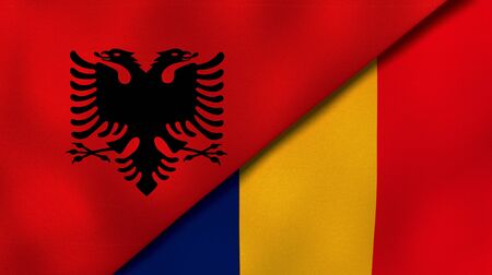 Two states flags of Albania and RomaniaHigh quality business background. 3d illustrationの写真素材