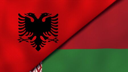 Two states flags of Albania and BelarusHigh quality business background. 3d illustrationの写真素材