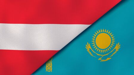 Two states flags of Austria and Kazakhstan. High quality business background. 3d illustrationの写真素材