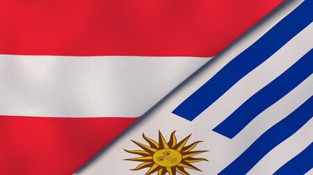 Two states flags of Austria and Uruguay. High quality business background. 3d illustrationの写真素材