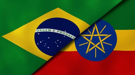 Two states flags of Brazil and Ethiopia. High quality business background. 3d illustrationの写真素材