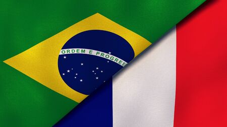 Two states flags of Brazil and France. High quality business background. 3d illustrationの写真素材