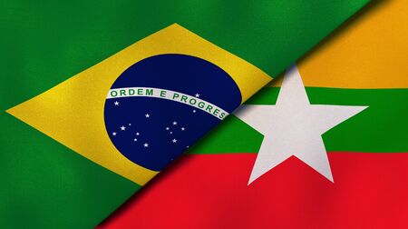 Two states flags of Brazil and Myanmar. High quality business background. 3d illustrationの写真素材