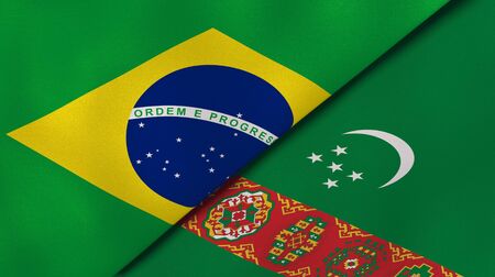 Two states flags of Brazil and Turkmenistan. High quality business background. 3d illustrationの写真素材