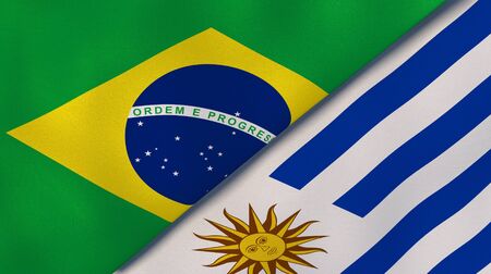 Two states flags of Brazil and Uruguay. High quality business background. 3d illustrationの写真素材