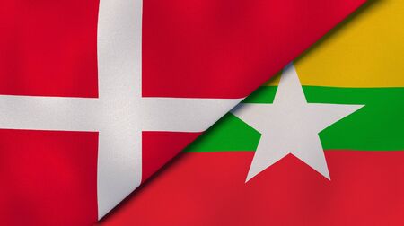 Two states flags of Denmark and Myanmar. High quality business background. 3d illustrationの写真素材