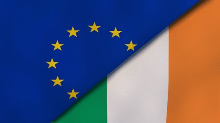 Two states flags of European Union and Ireland. High quality business background. 3d illustrationの写真素材