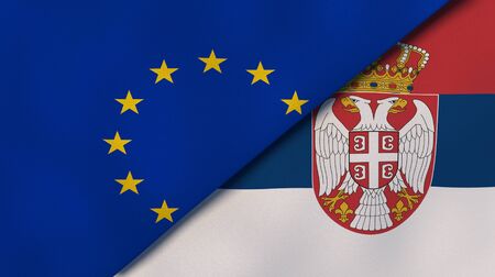 Two states flags of European Union and Serbia. High quality business background. 3d illustrationの写真素材