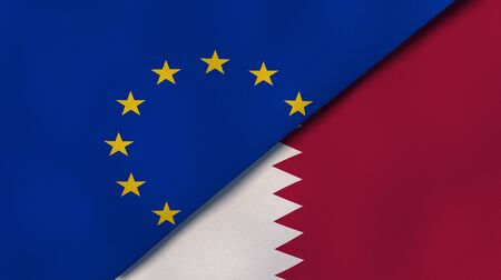 Two states flags of European Union and Qatar. High quality business background. 3d illustrationの写真素材