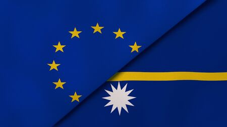Two states flags of European Union and Nauru. High quality business background. 3d illustrationの写真素材