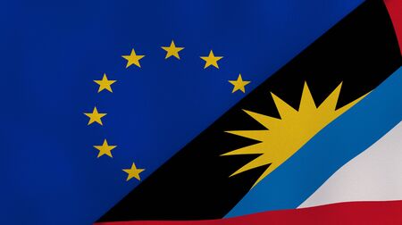 Two states flags of European Union and Antigua and Barbuda. High quality business background. 3d...