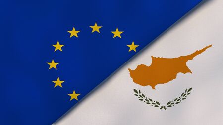 Two states flags of European Union and Cyprus. High quality business background. 3d illustrationの素材 [FY310145020650]