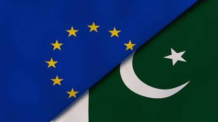 Two states flags of European Union and Pakistan. High quality business background. 3d illustrationの写真素材