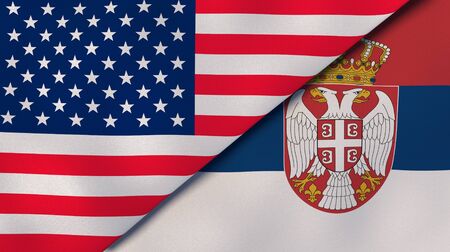 Two states flags of United States and Serbia. High quality business background. 3d illustrationの写真素材